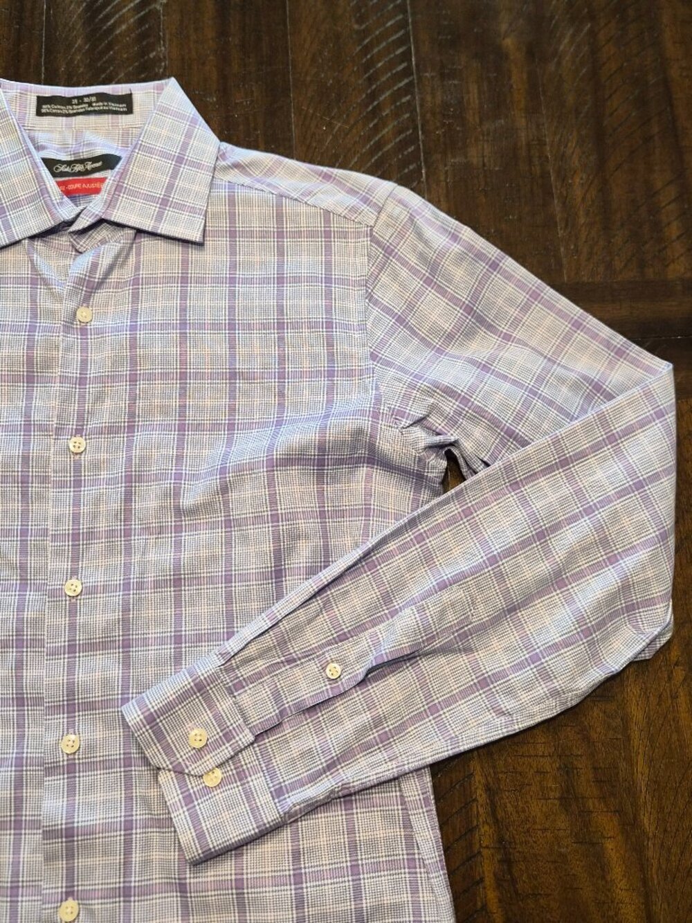 Saks Fifth Avenue Mens Trim Fit Purple Plaid Cotton Dress Shirt 15-32/33 G566